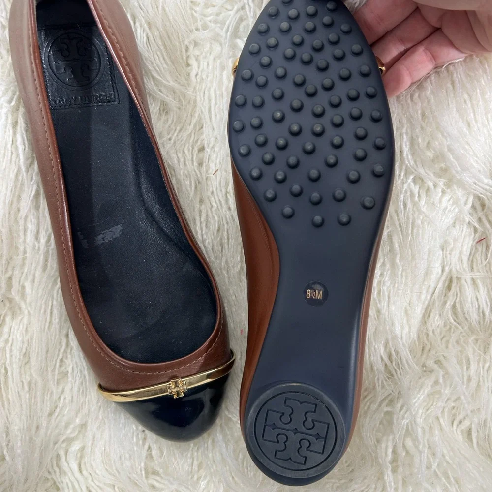 Tory Burch Pacey Cap-Toe‎ Brown Leather Ballet Flats Size 8.5M